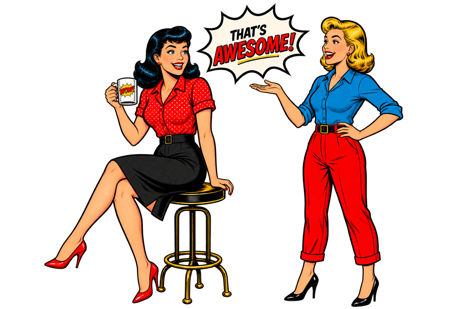 Two retro pop-art characters chatting — 'That's Awesome!'